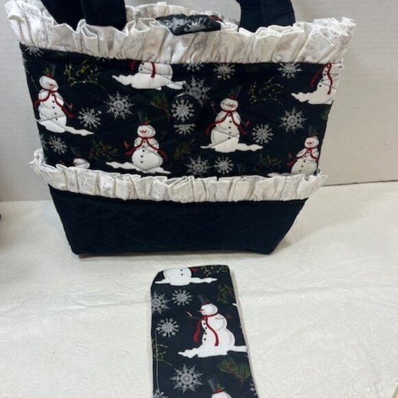 Handmade Winter Fabric Button Closure Cotton Tote Handbag w/Eyeglass Case NEW - Picture 3 of 12